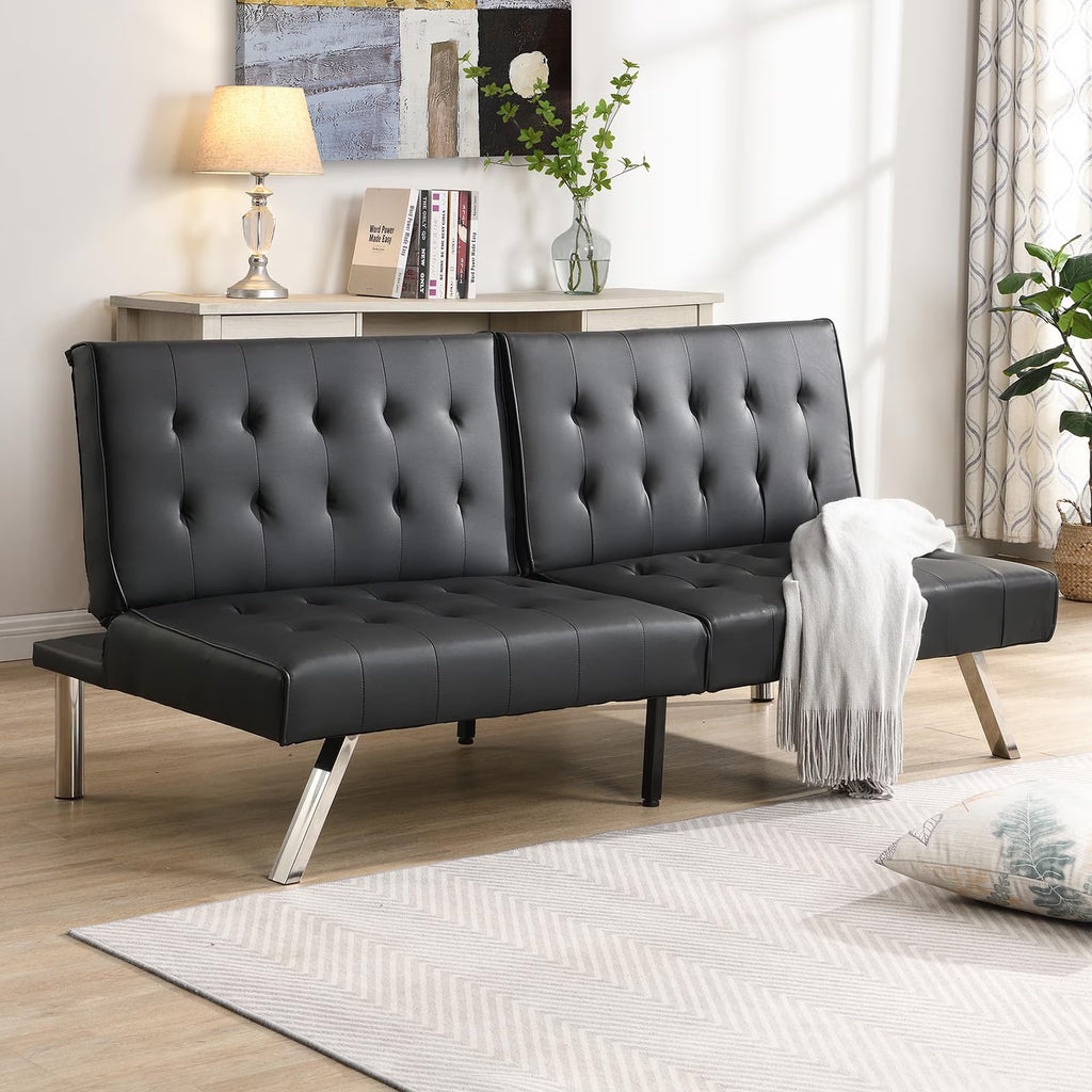 Modern Convertible Futon Sofa Bed, Adjustable Loveseat Futon Couch with Metal Legs, Upholstered Sofa Bed with Wood Frame, Sleeper Couches for Small Compact RV Living Room,Office (Black-Leather)