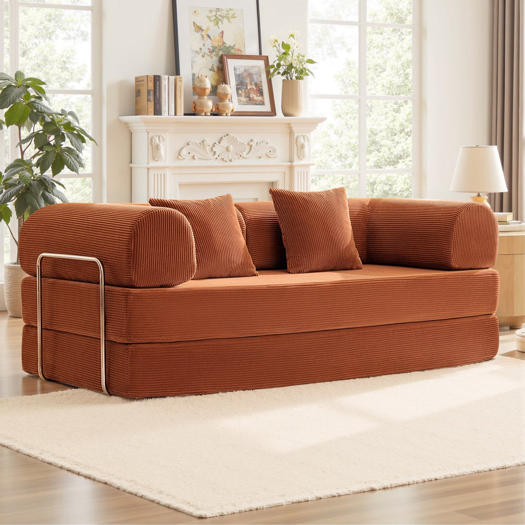 78.7" Convertible Boneless Sofa Bed, Folding Corduroy Sofa Couch, No Assembly Floor Sleeper Sofa Couch for Living Room, Pumpkin Brown