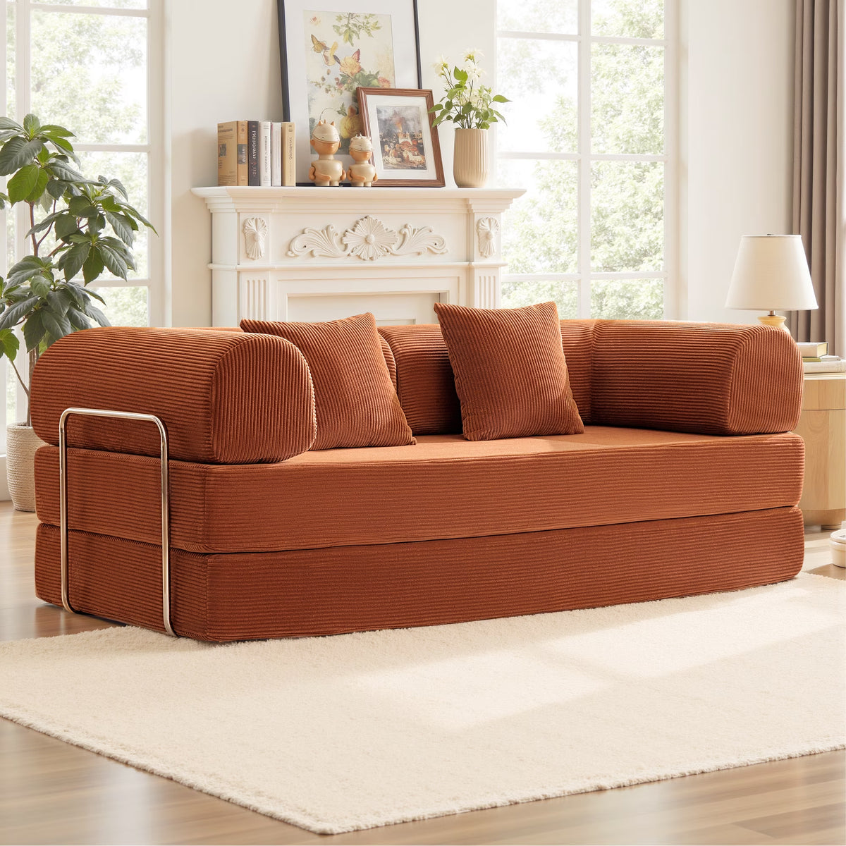 78.7" Convertible Boneless Sofa Bed, Folding Corduroy Sofa Couch, No Assembly Floor Sleeper Sofa Couch for Living Room, Pumpkin Brown