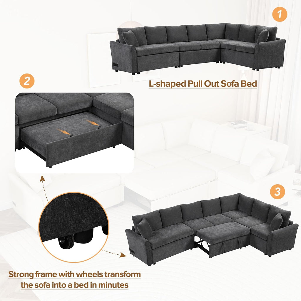124.8"L-Shaped Modular Sofa Convertible Sofa Bed Pull Out Sofa Sleeper Couch with Two Back Pillows, Two USB Ports and Two Power Sockets for Living Room