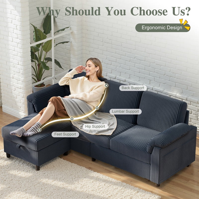 79.4" Sectional Sofa with Movable Storage Ottoman, L-Shaped Convertible Sofa Couch for Small Living Room, Blue