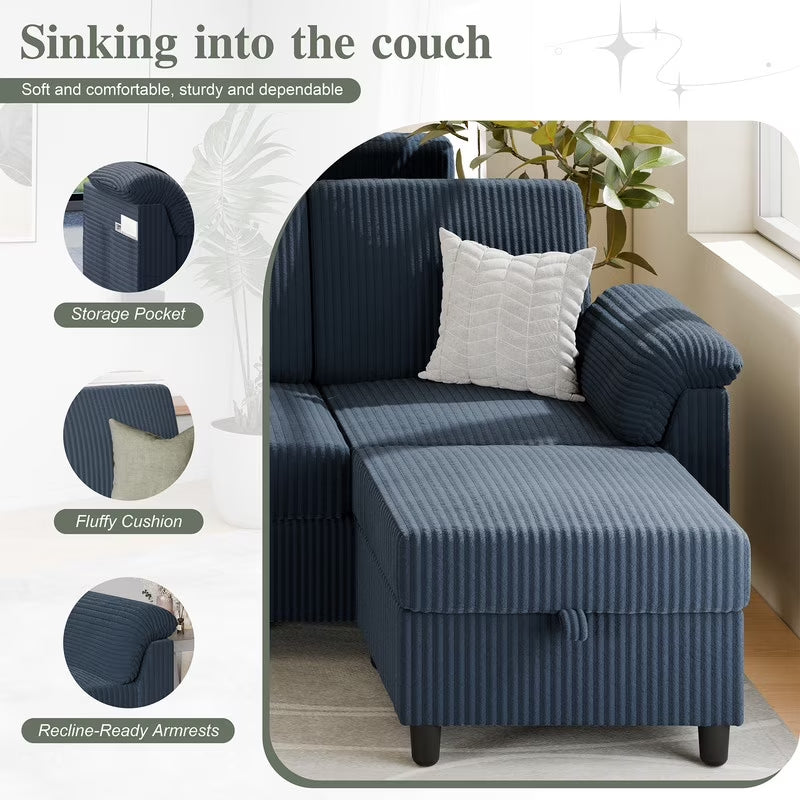 79.4" Sectional Sofa with Movable Storage Ottoman, L-Shaped Convertible Sofa Couch for Small Living Room, Blue