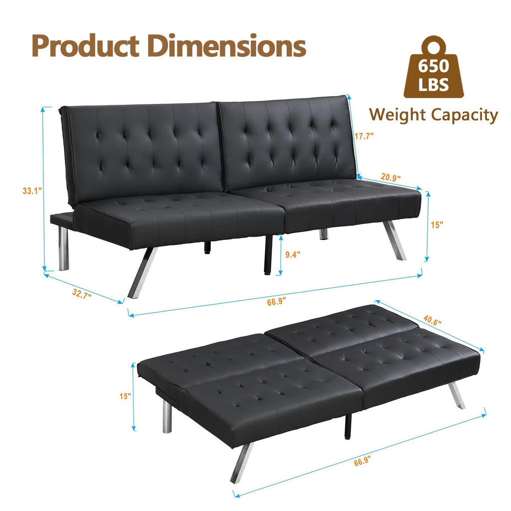 Modern Convertible Futon Sofa Bed, Adjustable Loveseat Futon Couch with Metal Legs, Upholstered Sofa Bed with Wood Frame, Sleeper Couches for Small Compact RV Living Room,Office (Black-Leather)