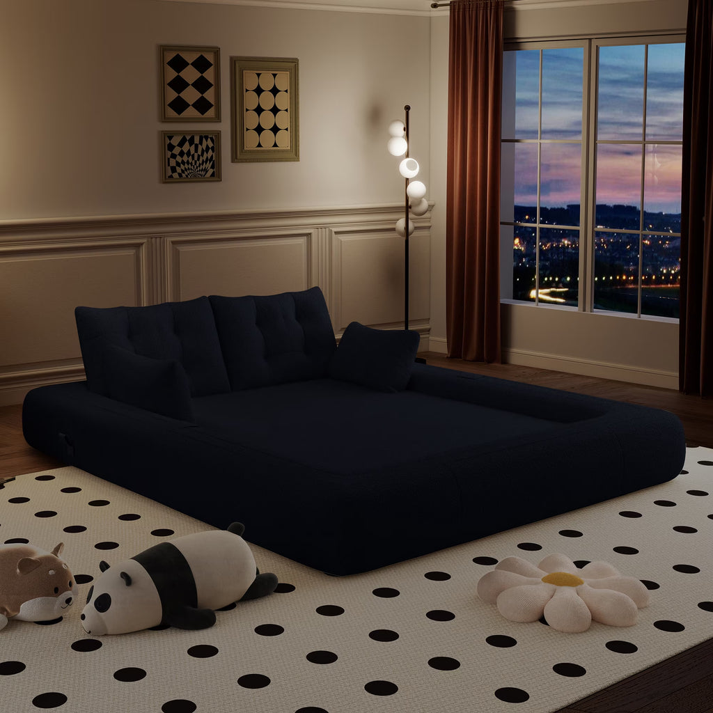 78.7" Folding Sofa Bed, Teddy Mattress Sofa, Floor Sofa Bed, Human Dog Bed, 3 in 1 Convertible Lazy Sleeper Sofa Couch, Blue