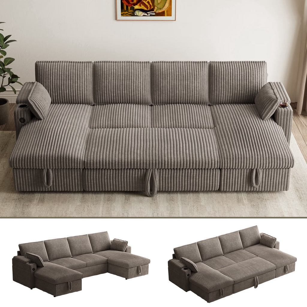 Modular Sectional Sofa,Modern Chenille U-Shaped Sofa Couch with Pull Out Bed,Storage Seat,Usb, Cup Holder,Side Pocket,Cloud Couch Bed for Living Room, Apartment,Brown