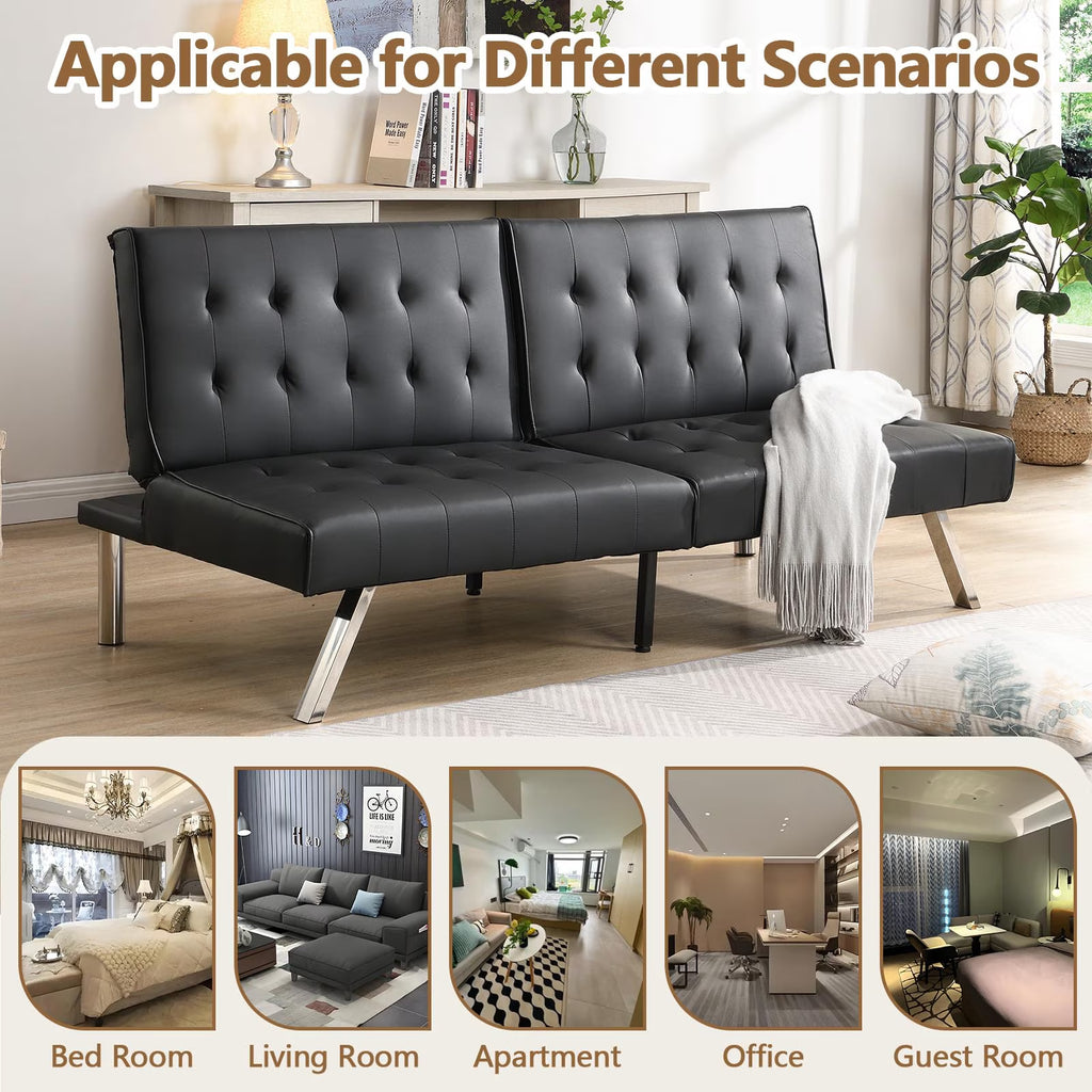 Modern Convertible Futon Sofa Bed, Adjustable Loveseat Futon Couch with Metal Legs, Upholstered Sofa Bed with Wood Frame, Sleeper Couches for Small Compact RV Living Room,Office (Black-Leather)