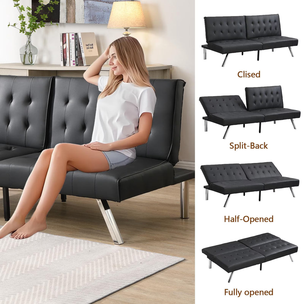 Modern Convertible Futon Sofa Bed, Adjustable Loveseat Futon Couch with Metal Legs, Upholstered Sofa Bed with Wood Frame, Sleeper Couches for Small Compact RV Living Room,Office (Black-Leather)