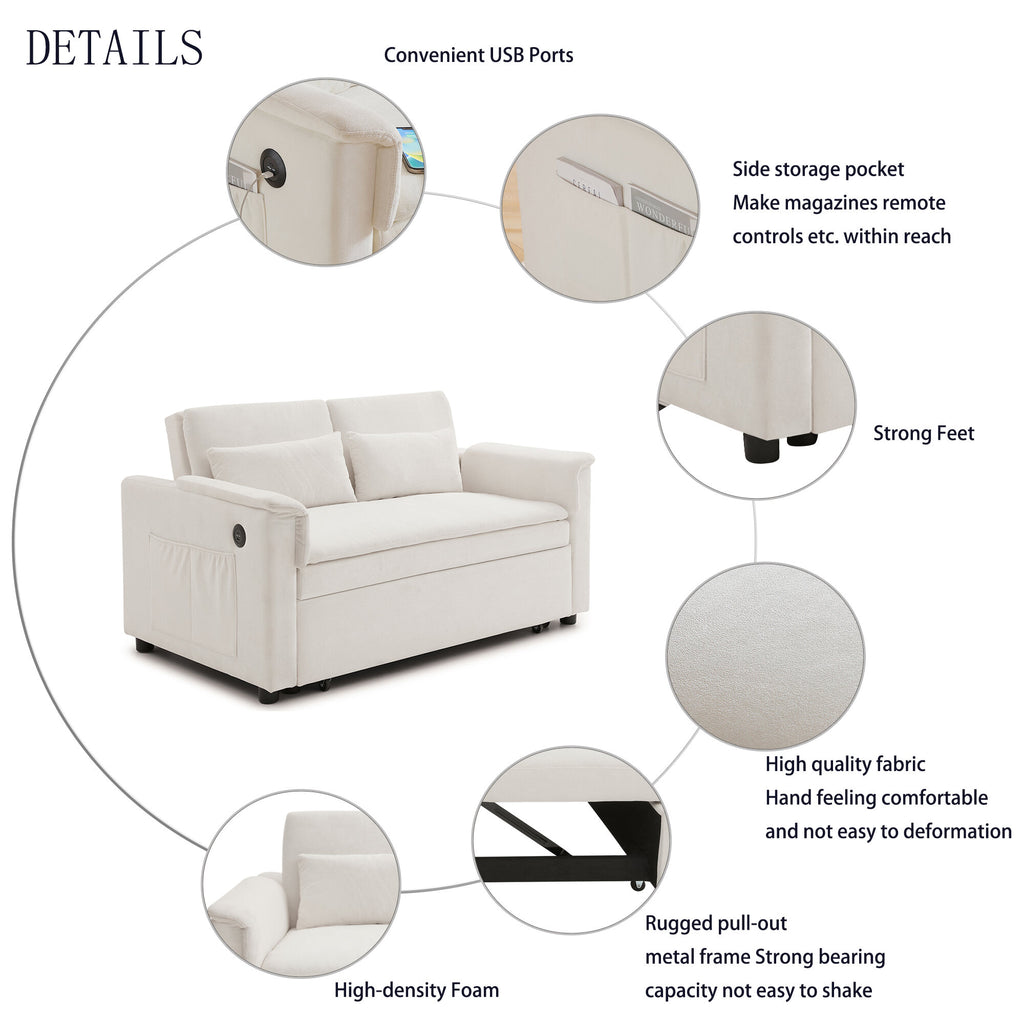Modern Sofas 55" Velvet Two Seater Pull Out Sofa Bed, Adjustable Backrest with USB Ports, Two Side Pockets, 3 in 1 Convertible Sleeper Sofa Bed, Modern Love Seat Lounge,2 Waist Pillows for Living Roo