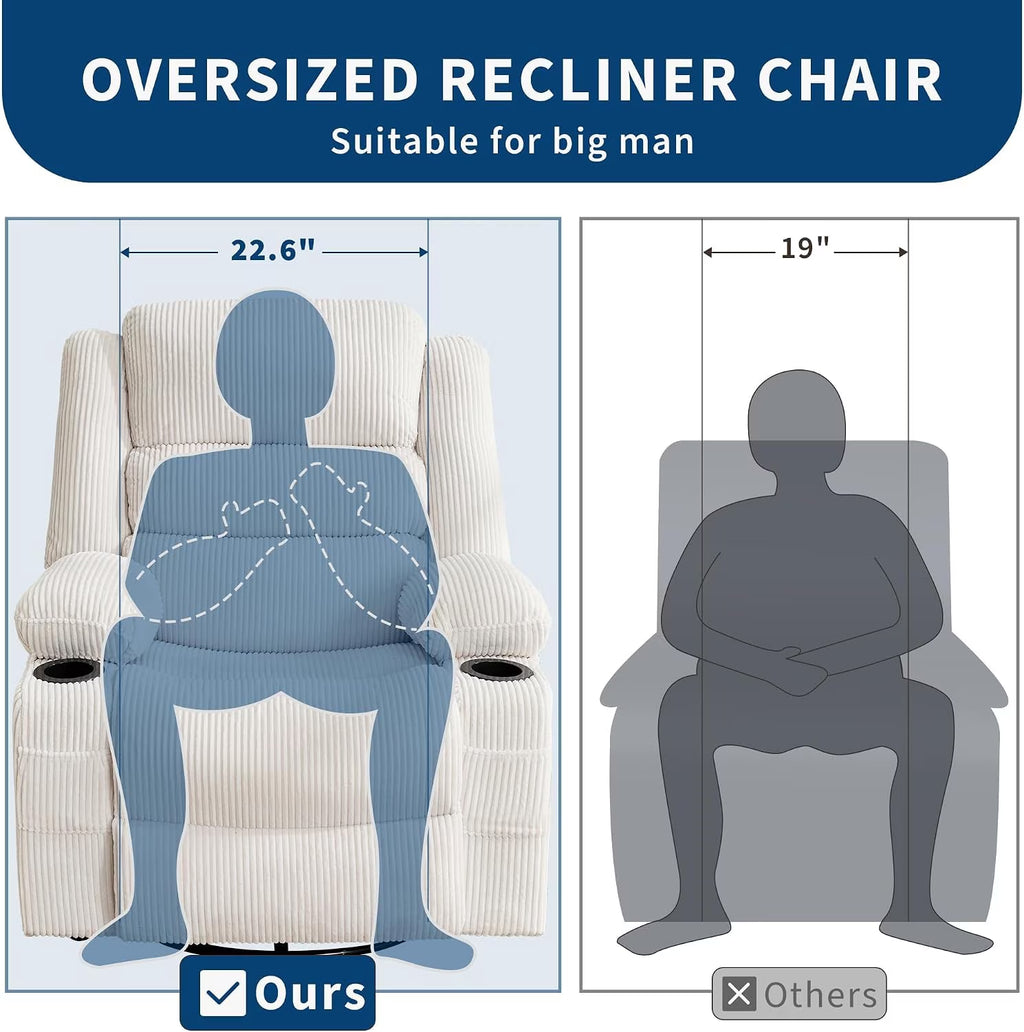 Manual Swivel Rocker Recliner Chair with Headrest- Metal Frame Sponge Padded Leisure Sofa- Corduroy Upholstery- Beige- 54Cm Seat Width
