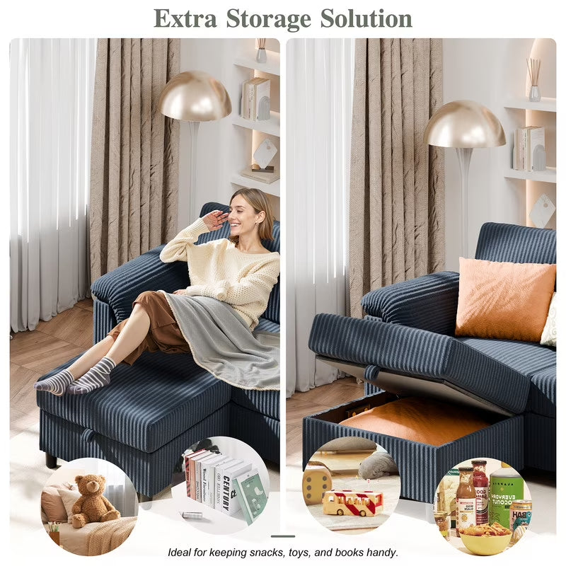 79.4" Sectional Sofa with Movable Storage Ottoman, L-Shaped Convertible Sofa Couch for Small Living Room, Blue