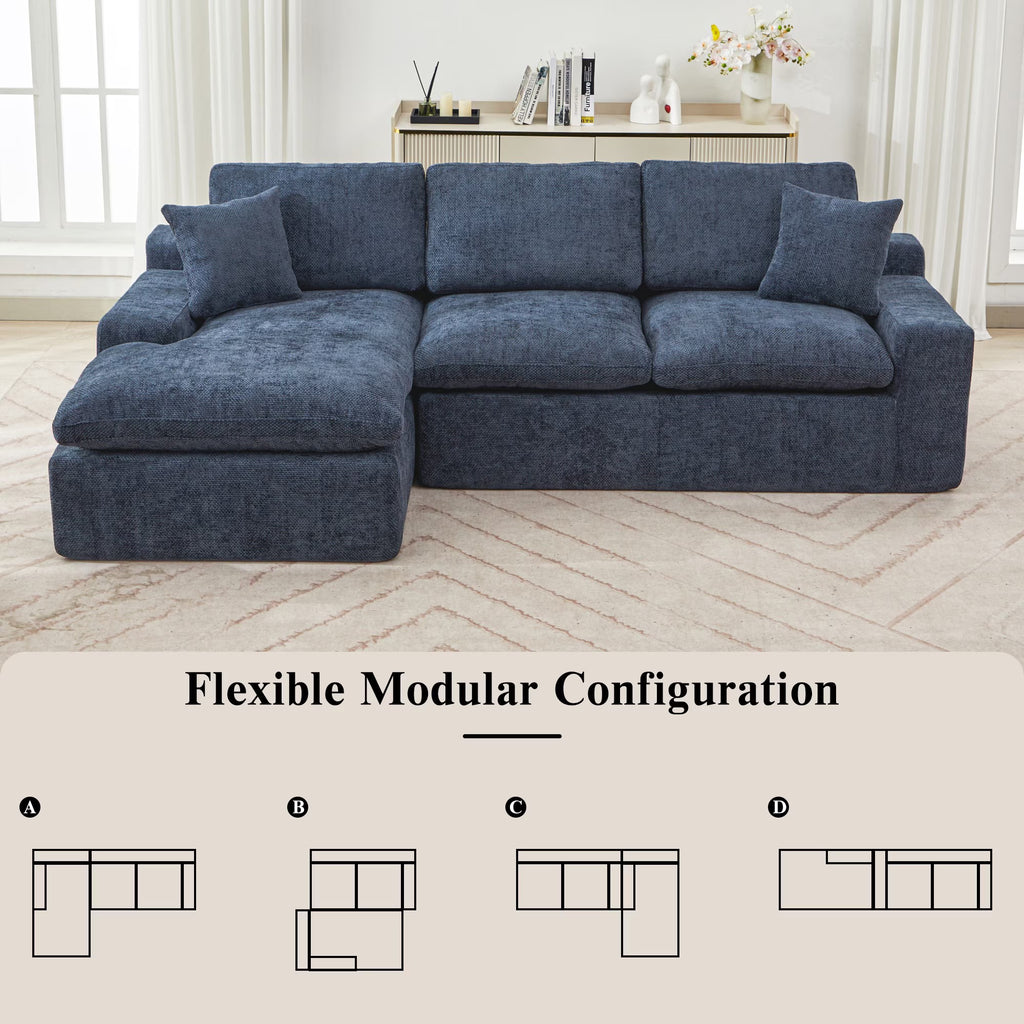 107.9" Upholstered Sectional Sofa,Cloud Sofa Couch with Double-Layer Cushion and Side Pockets,Compressed Sofa,Free-Combined Sectional Sofa for Living Room,Blue