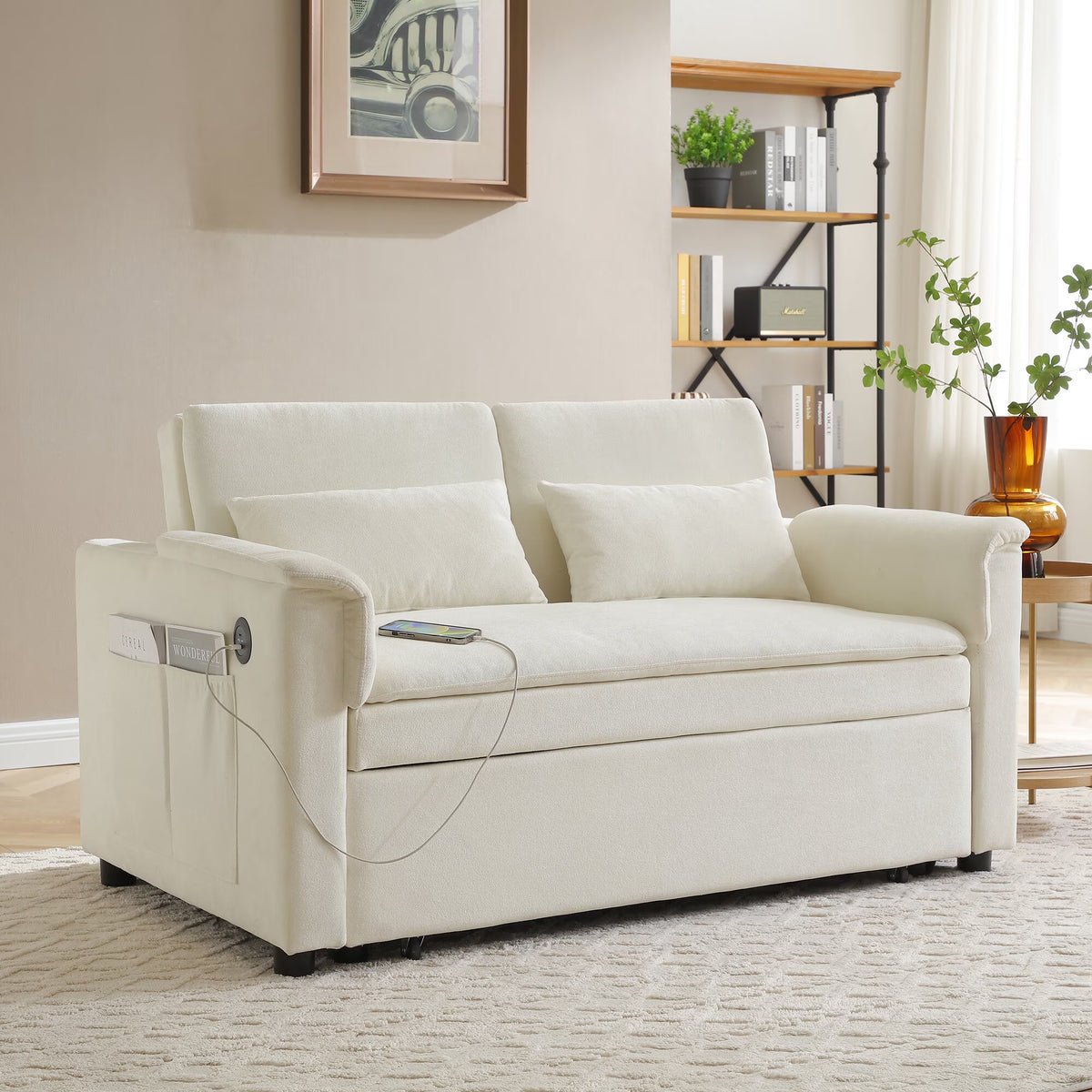 Modern Sofas 55" Velvet Two Seater Pull Out Sofa Bed, Adjustable Backrest with USB Ports, Two Side Pockets, 3 in 1 Convertible Sleeper Sofa Bed, Modern Love Seat Lounge,2 Waist Pillows for Living Roo