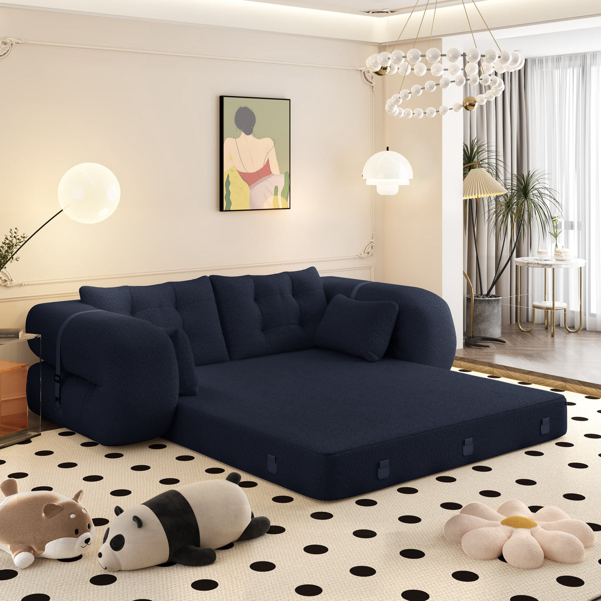 78.7" Folding Sofa Bed, Teddy Mattress Sofa, Floor Sofa Bed, Human Dog Bed, 3 in 1 Convertible Lazy Sleeper Sofa Couch, Blue