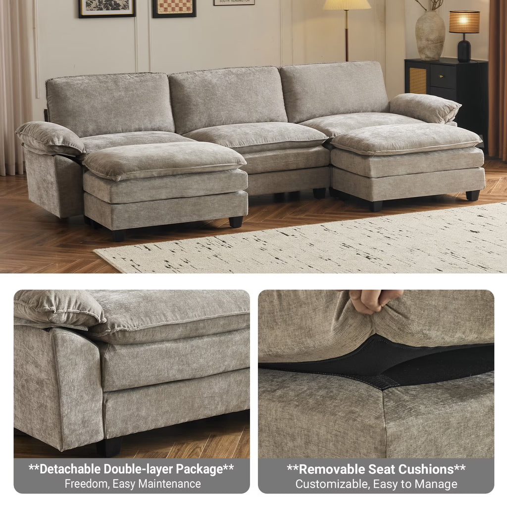 120" W Sectional Sofa U Shaped Couch with Double Chaise Chenille Sleeper Set with 3 Oversized Seats Light Gray
