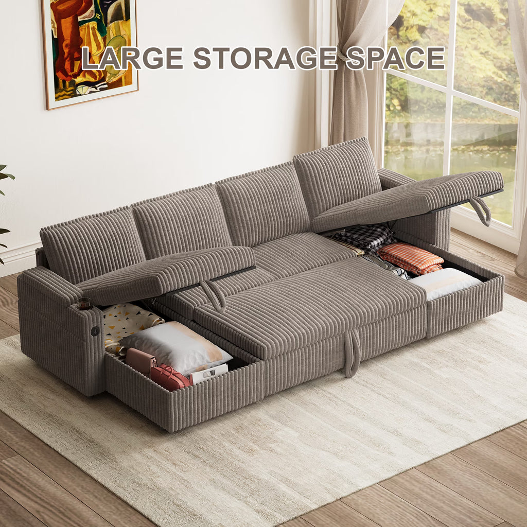 Modular Sectional Sofa,Modern Chenille U-Shaped Sofa Couch with Pull Out Bed,Storage Seat,Usb, Cup Holder,Side Pocket,Cloud Couch Bed for Living Room, Apartment,Brown