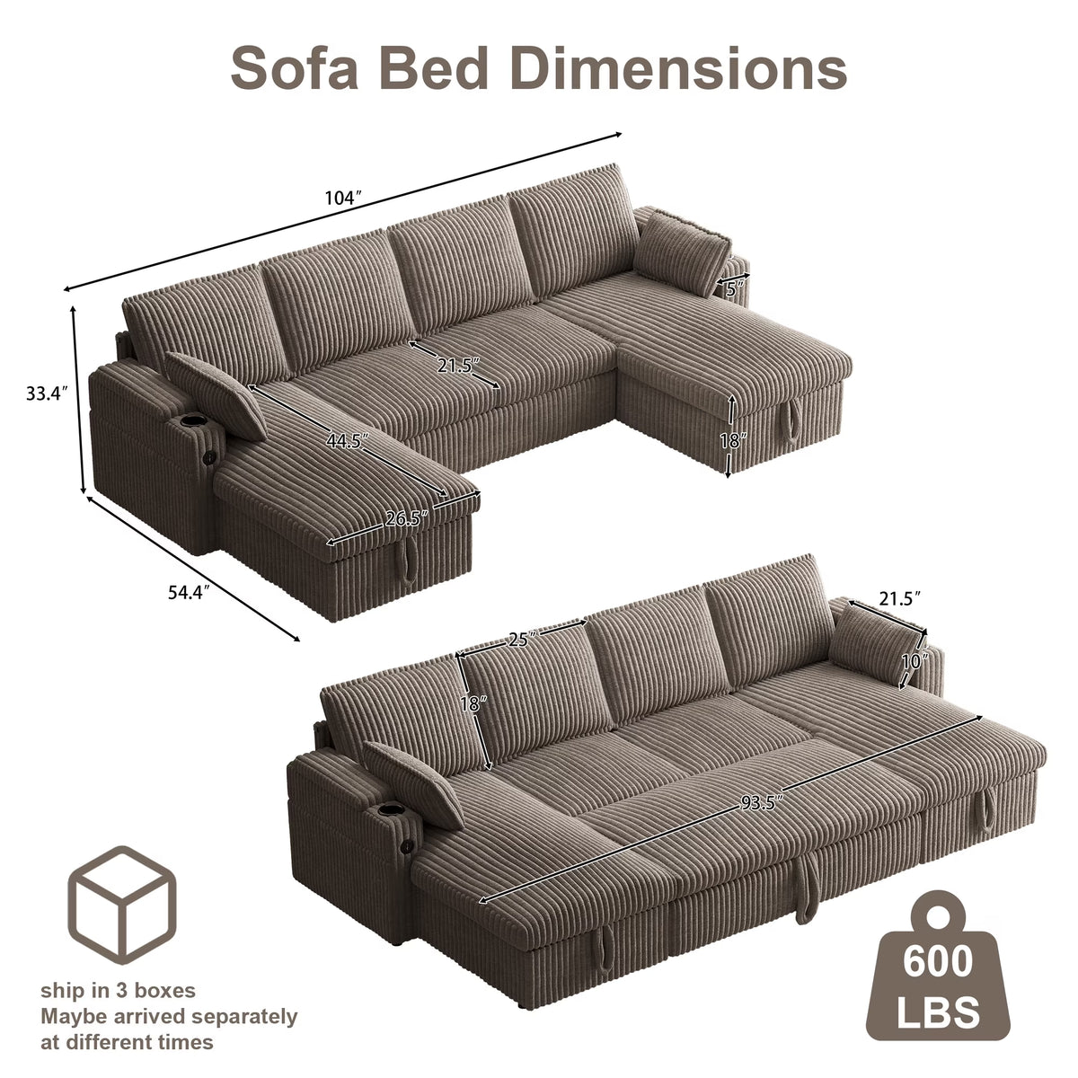 Modular Sectional Sofa,Modern Chenille U-Shaped Sofa Couch with Pull Out Bed,Storage Seat,Usb, Cup Holder,Side Pocket,Cloud Couch Bed for Living Room, Apartment,Brown
