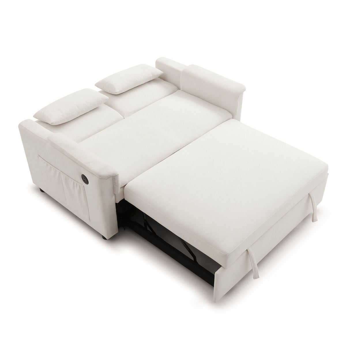 Modern Sofas 55" Velvet Two Seater Pull Out Sofa Bed, Adjustable Backrest with USB Ports, Two Side Pockets, 3 in 1 Convertible Sleeper Sofa Bed, Modern Love Seat Lounge,2 Waist Pillows for Living Roo