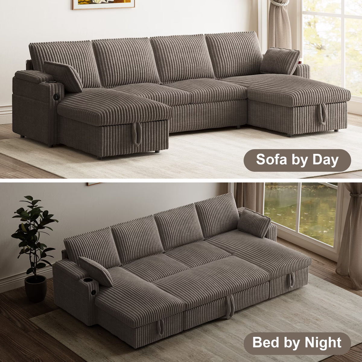 Modular Sectional Sofa,Modern Chenille U-Shaped Sofa Couch with Pull Out Bed,Storage Seat,Usb, Cup Holder,Side Pocket,Cloud Couch Bed for Living Room, Apartment,Brown