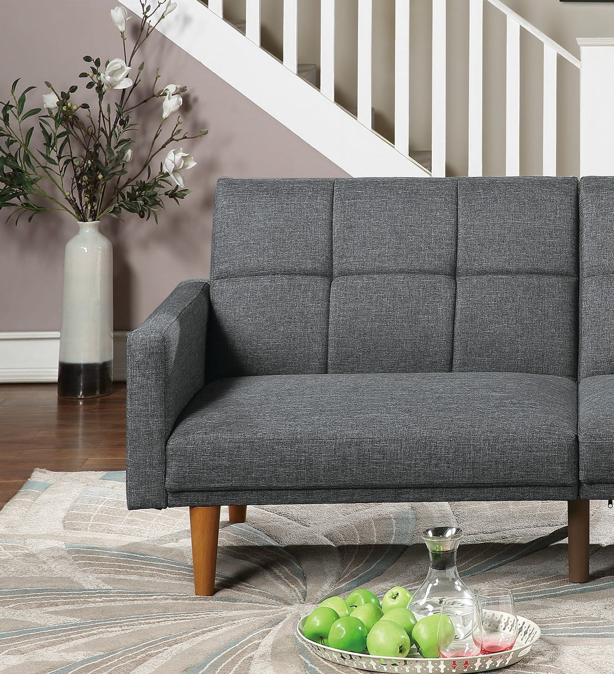 Gorgeous Modern Living Room Sofa Couch Convertible Bed Blue Grey Polyfiber 1Pc Couch Sofa Cushion Tufted Wooden Legs