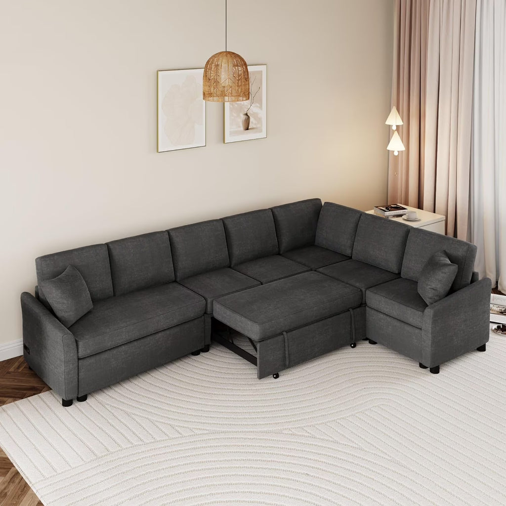 124.8"L-Shaped Modular Sofa Convertible Sofa Bed Pull Out Sofa Sleeper Couch with Two Back Pillows, Two USB Ports and Two Power Sockets for Living Room