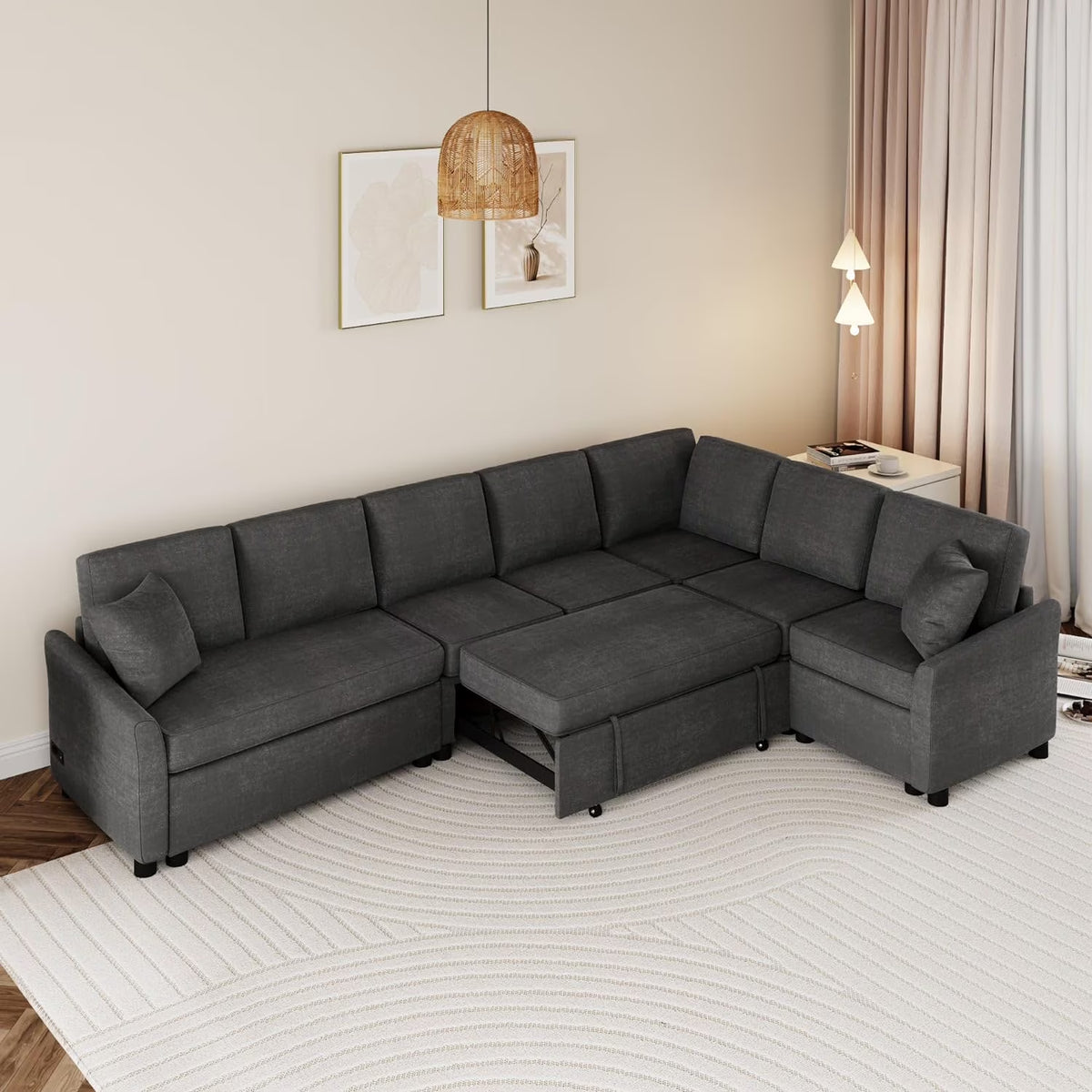 124.8"L-Shaped Modular Sofa Convertible Sofa Bed Pull Out Sofa Sleeper Couch with Two Back Pillows, Two USB Ports and Two Power Sockets for Living Room