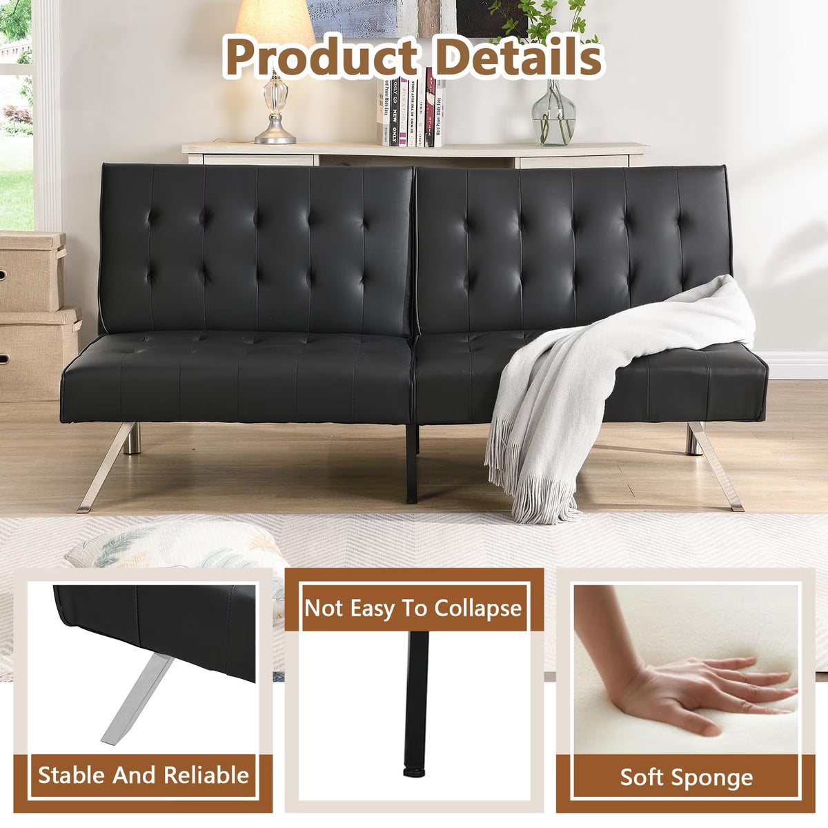 Modern Convertible Futon Sofa Bed, Adjustable Loveseat Futon Couch with Metal Legs, Upholstered Sofa Bed with Wood Frame, Sleeper Couches for Small Compact RV Living Room,Office (Black-Leather)