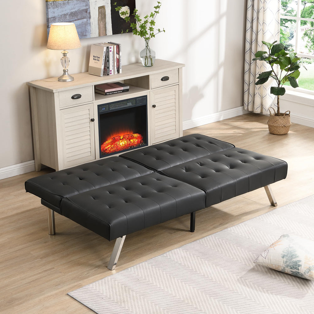Modern Convertible Futon Sofa Bed, Adjustable Loveseat Futon Couch with Metal Legs, Upholstered Sofa Bed with Wood Frame, Sleeper Couches for Small Compact RV Living Room,Office (Black-Leather)