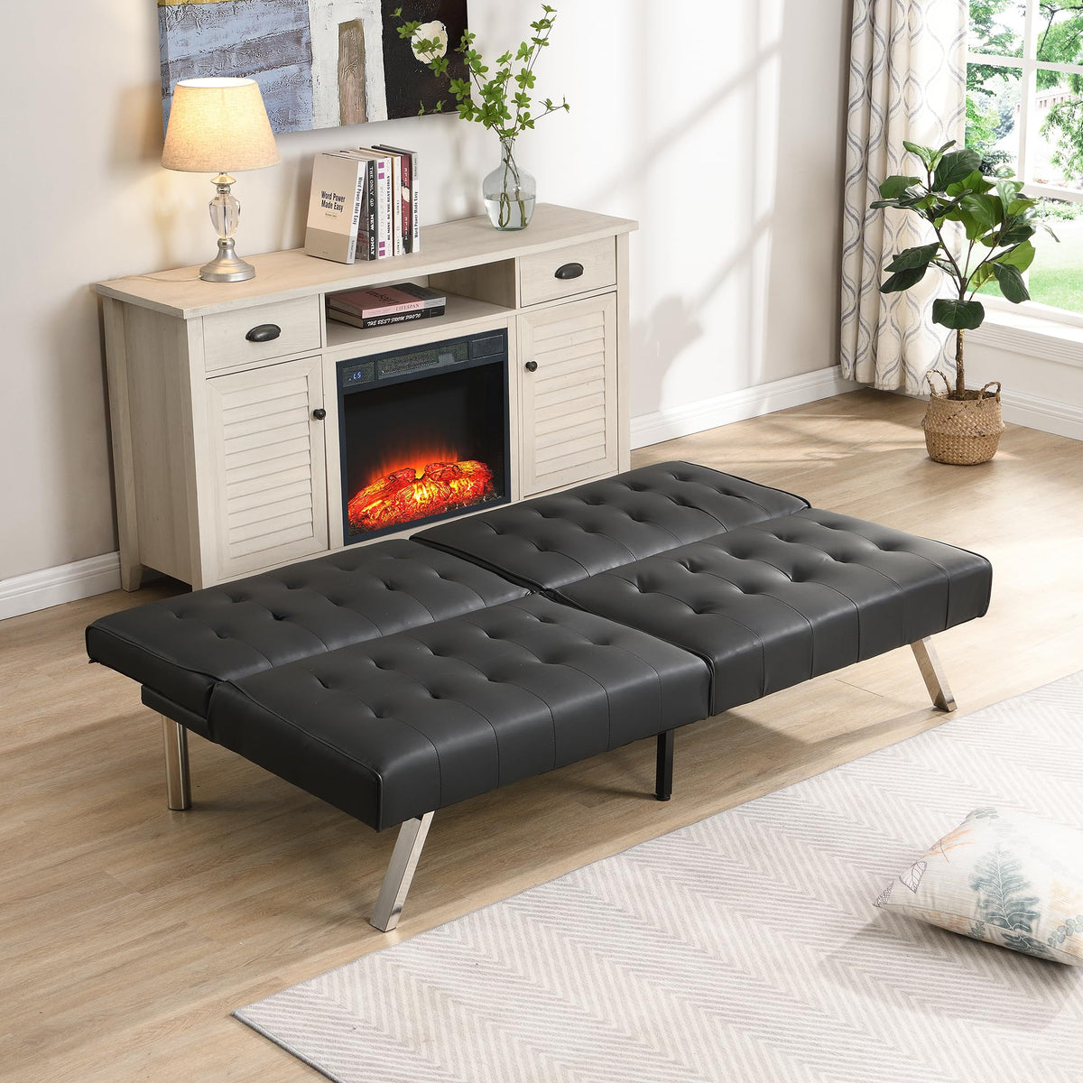Modern Convertible Futon Sofa Bed, Adjustable Loveseat Futon Couch with Metal Legs, Upholstered Sofa Bed with Wood Frame, Sleeper Couches for Small Compact RV Living Room,Office (Black-Leather)