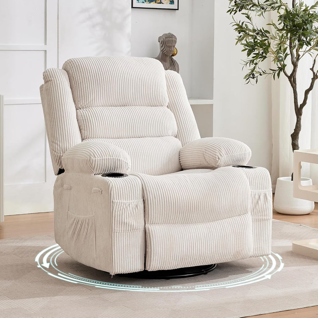Manual Swivel Rocker Recliner Chair with Headrest- Metal Frame Sponge Padded Leisure Sofa- Corduroy Upholstery- Beige- 54Cm Seat Width