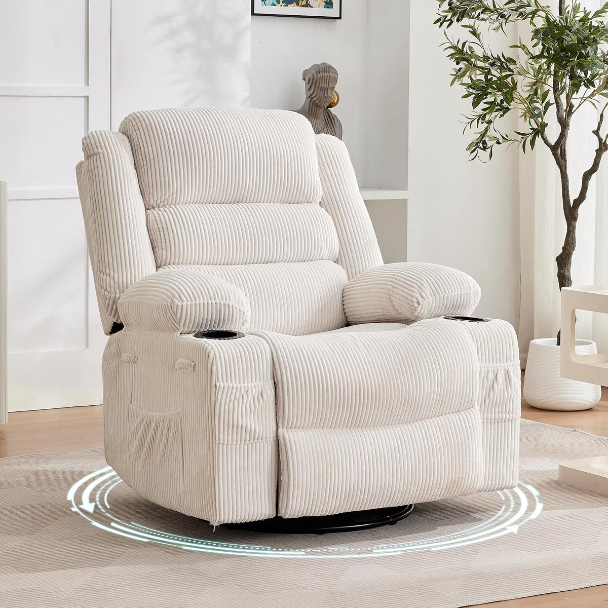 Manual Swivel Rocker Recliner Chair with Headrest- Metal Frame Sponge Padded Leisure Sofa- Corduroy Upholstery- Beige- 54Cm Seat Width