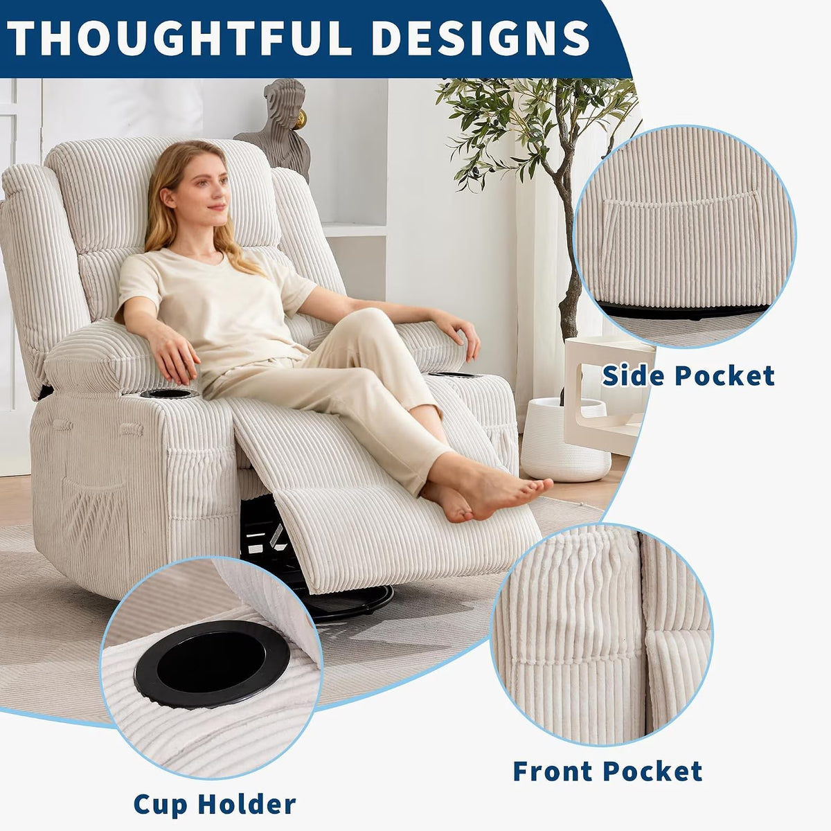 Manual Swivel Rocker Recliner Chair with Headrest- Metal Frame Sponge Padded Leisure Sofa- Corduroy Upholstery- Beige- 54Cm Seat Width