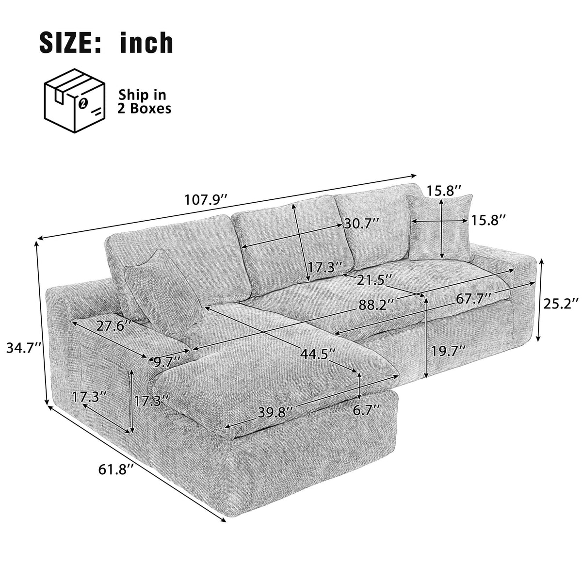107.9" Upholstered Sectional Sofa,Cloud Sofa Couch with Double-Layer Cushion and Side Pockets,Compressed Sofa,Free-Combined Sectional Sofa for Living Room,Blue