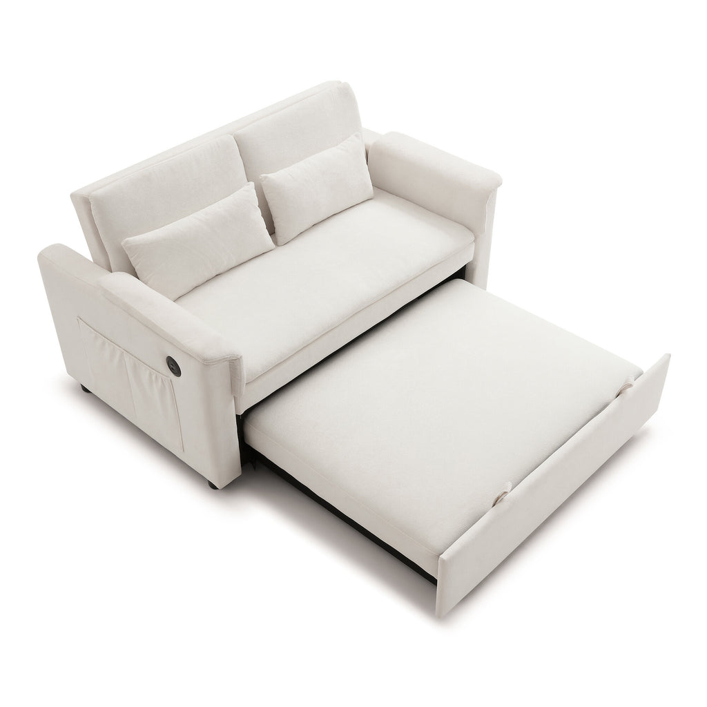 Modern Sofas 55" Velvet Two Seater Pull Out Sofa Bed, Adjustable Backrest with USB Ports, Two Side Pockets, 3 in 1 Convertible Sleeper Sofa Bed, Modern Love Seat Lounge,2 Waist Pillows for Living Roo