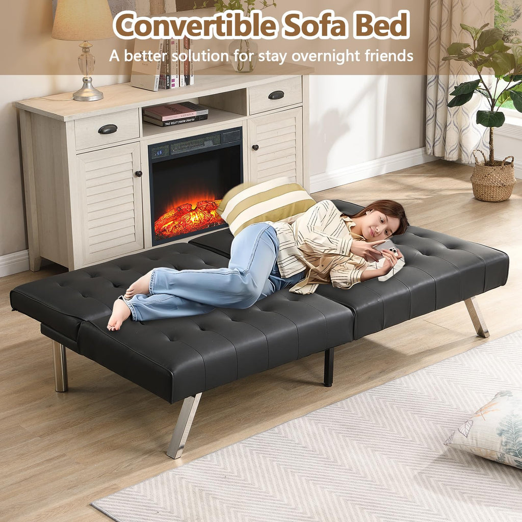 Modern Convertible Futon Sofa Bed, Adjustable Loveseat Futon Couch with Metal Legs, Upholstered Sofa Bed with Wood Frame, Sleeper Couches for Small Compact RV Living Room,Office (Black-Leather)