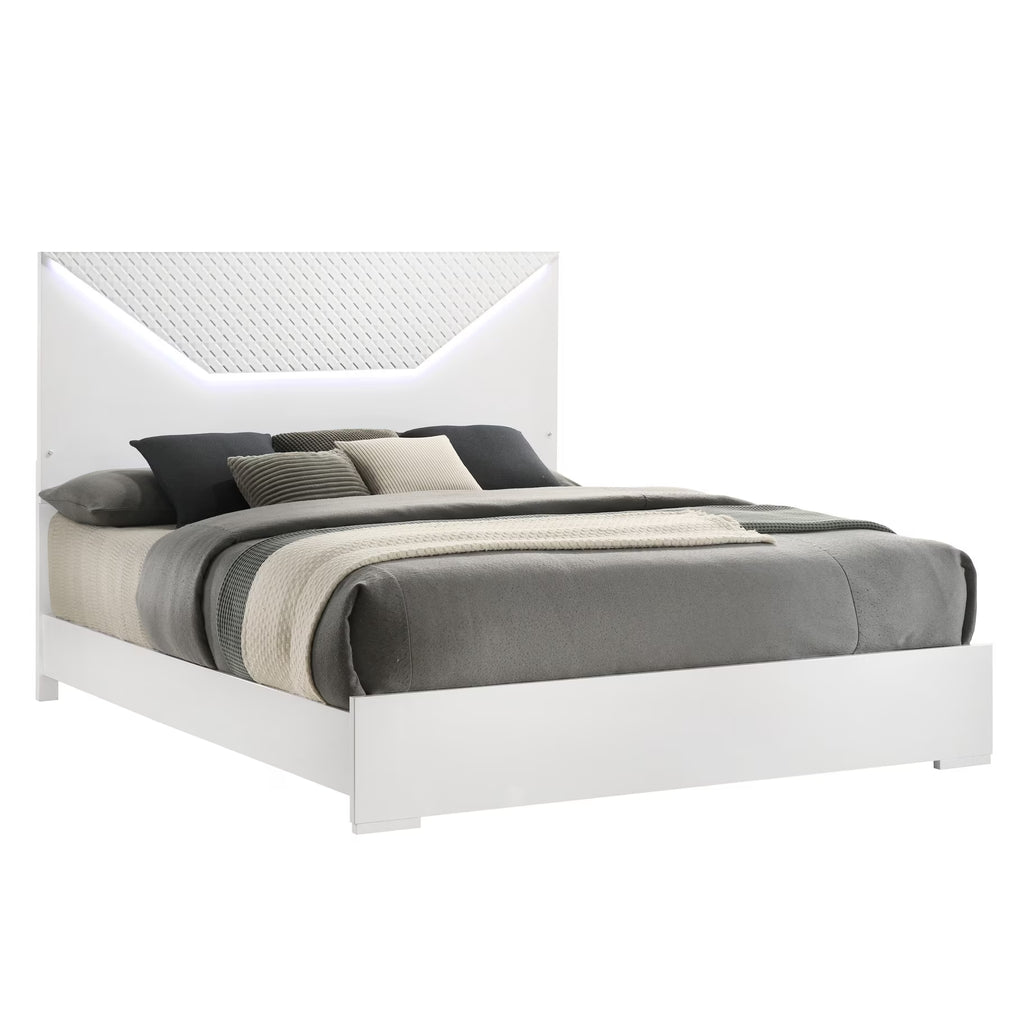 Fashionable 4 Queen Bedroom with Led Lighted Headboard & Storage - Bed, 6 Dresser, Matching Mirror, 2 Nightstand White 4 Pc and Spacious Interior