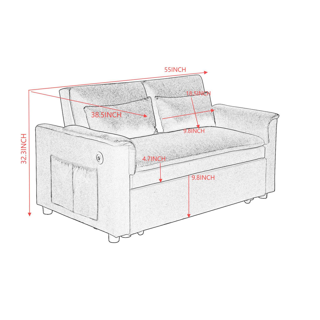 Modern Sofas 55" Velvet Two Seater Pull Out Sofa Bed, Adjustable Backrest with USB Ports, Two Side Pockets, 3 in 1 Convertible Sleeper Sofa Bed, Modern Love Seat Lounge,2 Waist Pillows for Living Roo