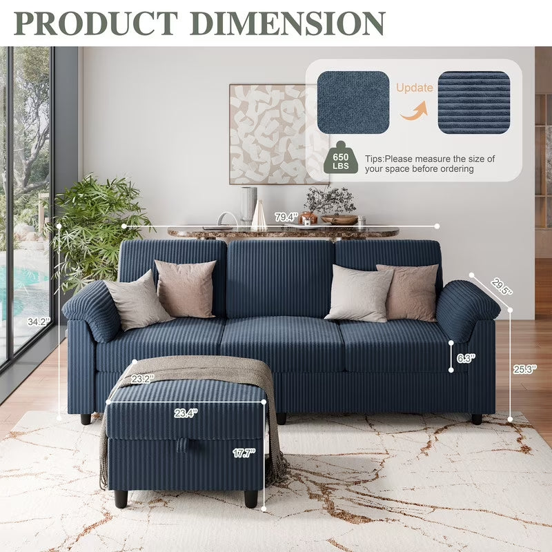 79.4" Sectional Sofa with Movable Storage Ottoman, L-Shaped Convertible Sofa Couch for Small Living Room, Blue