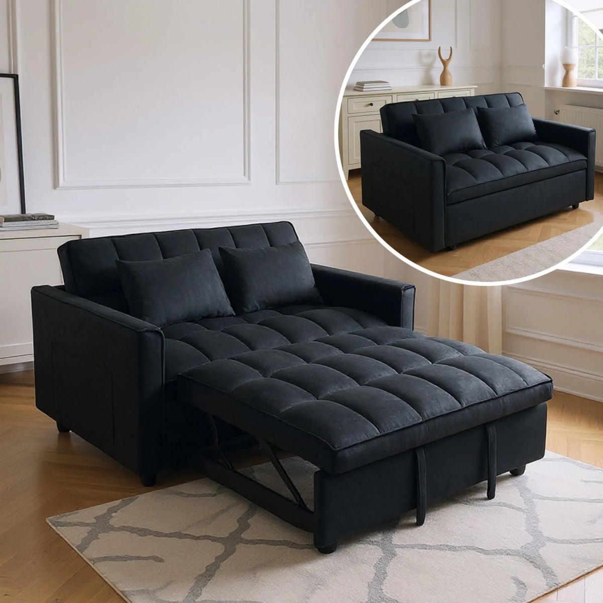 51.1 Inch Convertible Sofa Bed, Velvet Loveseat Sofa with Foldable Sofa Bed, Sleeper Sofa for Living Room or Office, Futon Sofa with Adjustable Backrest.Black