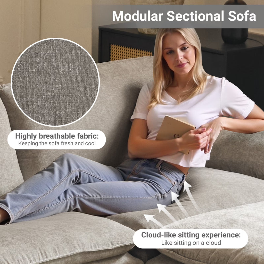 120" W Sectional Sofa U Shaped Couch with Double Chaise Chenille Sleeper Set with 3 Oversized Seats Light Gray