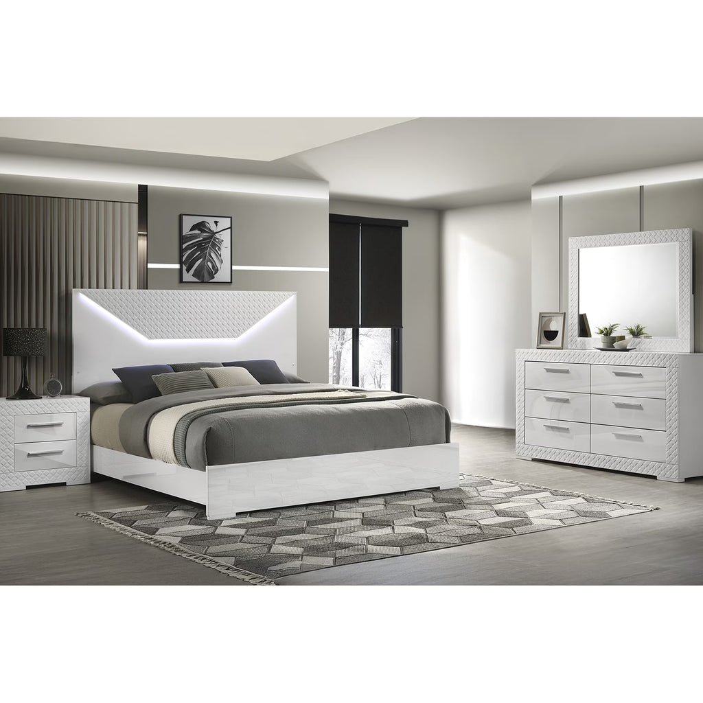 Fashionable 4 Queen Bedroom with Led Lighted Headboard & Storage - Bed, 6 Dresser, Matching Mirror, 2 Nightstand White 4 Pc and Spacious Interior