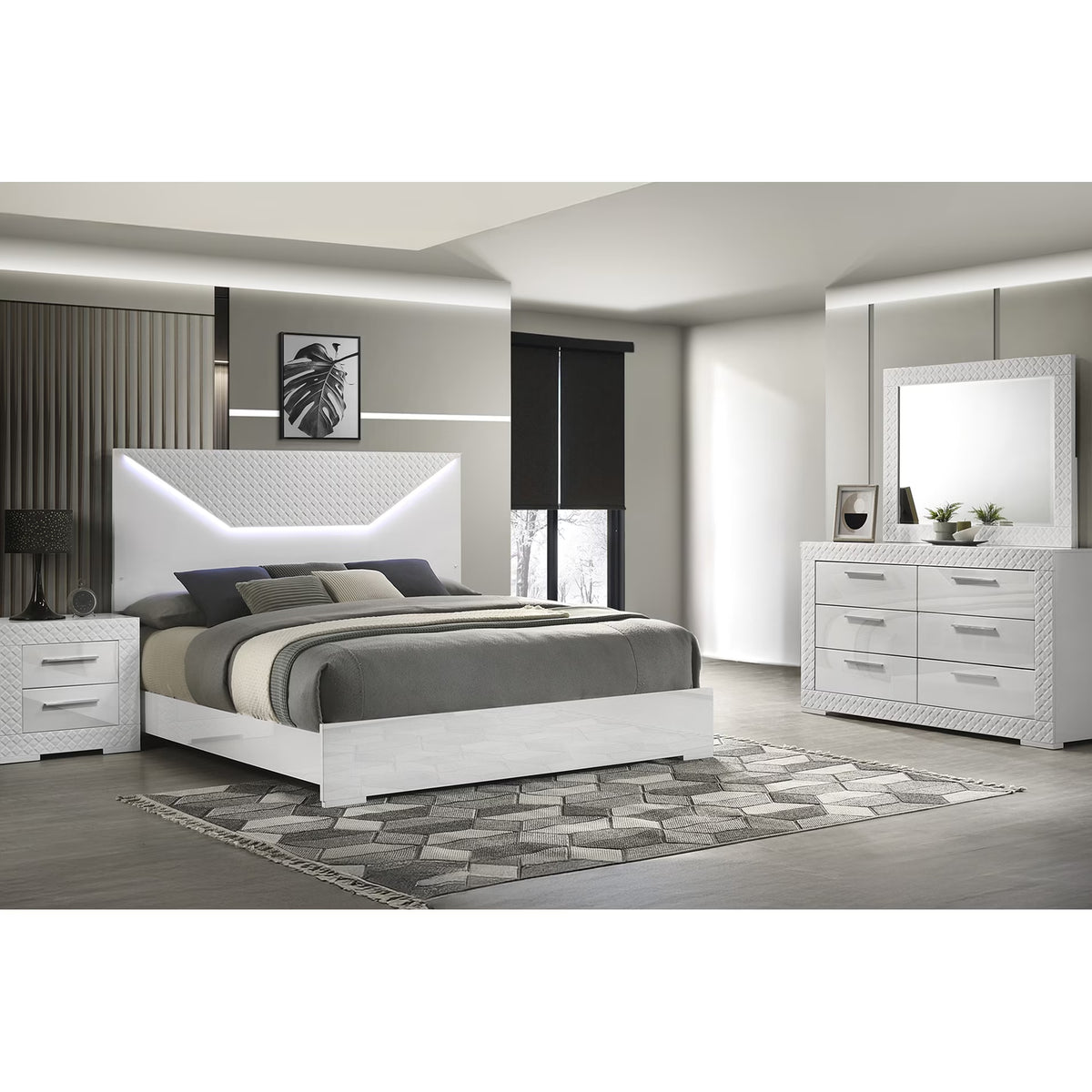 Fashionable 4 Queen Bedroom with Led Lighted Headboard & Storage - Bed, 6 Dresser, Matching Mirror, 2 Nightstand White 4 Pc and Spacious Interior