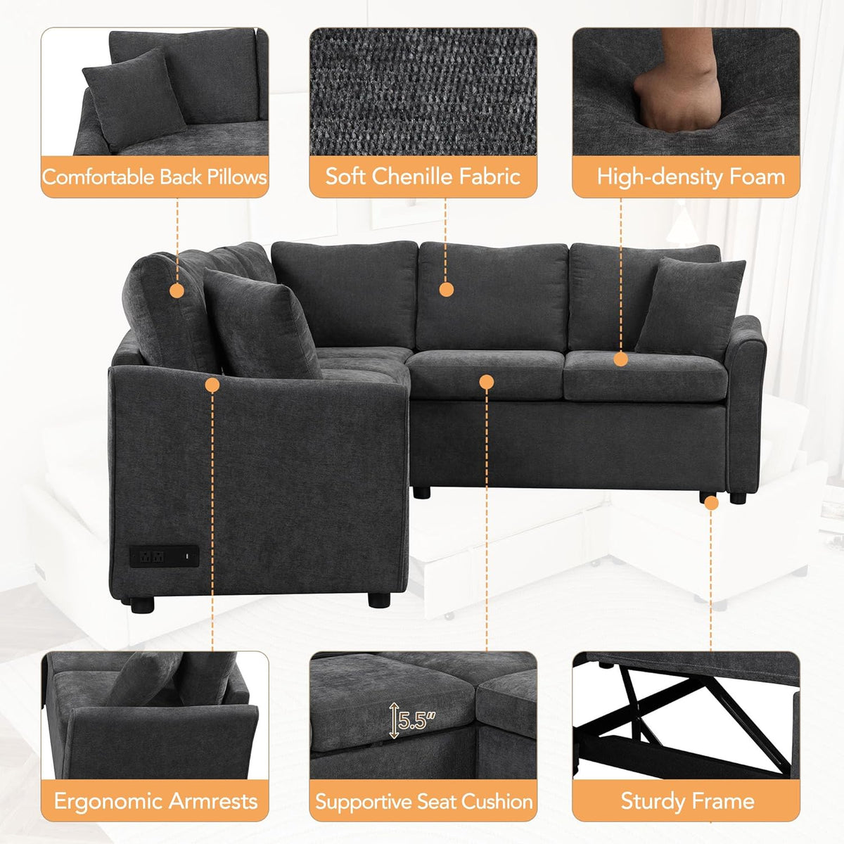 124.8"L-Shaped Modular Sofa Convertible Sofa Bed Pull Out Sofa Sleeper Couch with Two Back Pillows, Two USB Ports and Two Power Sockets for Living Room