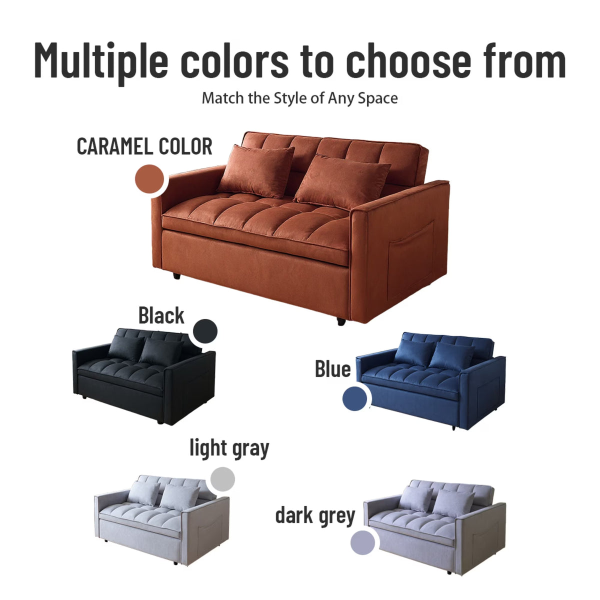 51.1 Inch Convertible Sofa Bed,Velvet Loveseat Sofa with Foldable Sofa Bed,Sleeper Sofa for Living Room or Office,Futon Sofa with Adjustable Backrest.Caramel Color
