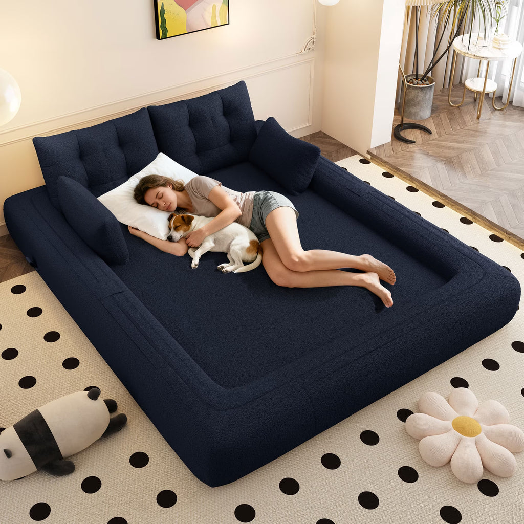 78.7" Folding Sofa Bed, Teddy Mattress Sofa, Floor Sofa Bed, Human Dog Bed, 3 in 1 Convertible Lazy Sleeper Sofa Couch, Blue