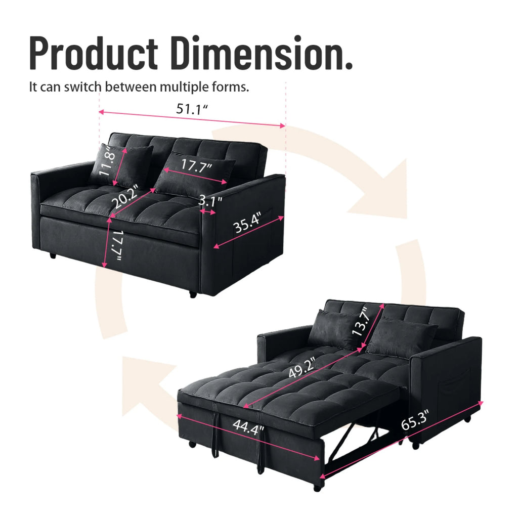 51.1 Inch Convertible Sofa Bed, Velvet Loveseat Sofa with Foldable Sofa Bed, Sleeper Sofa for Living Room or Office, Futon Sofa with Adjustable Backrest.Black