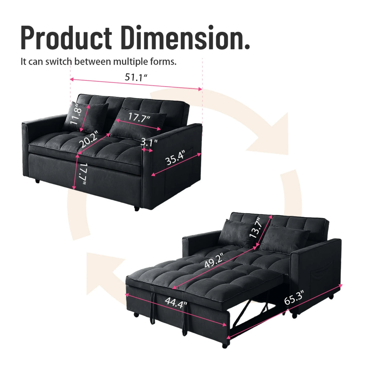 51.1 Inch Convertible Sofa Bed, Velvet Loveseat Sofa with Foldable Sofa Bed, Sleeper Sofa for Living Room or Office, Futon Sofa with Adjustable Backrest.Black