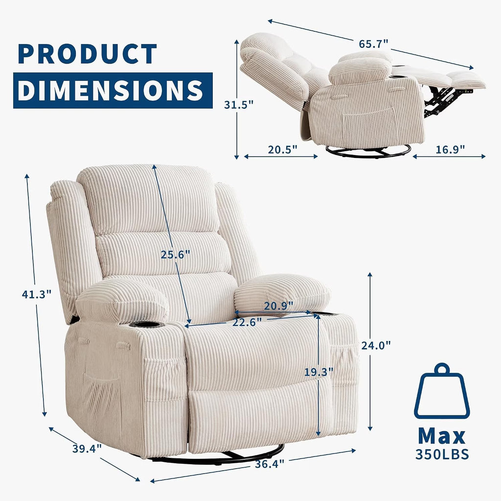 Manual Swivel Rocker Recliner Chair with Headrest- Metal Frame Sponge Padded Leisure Sofa- Corduroy Upholstery- Beige- 54Cm Seat Width