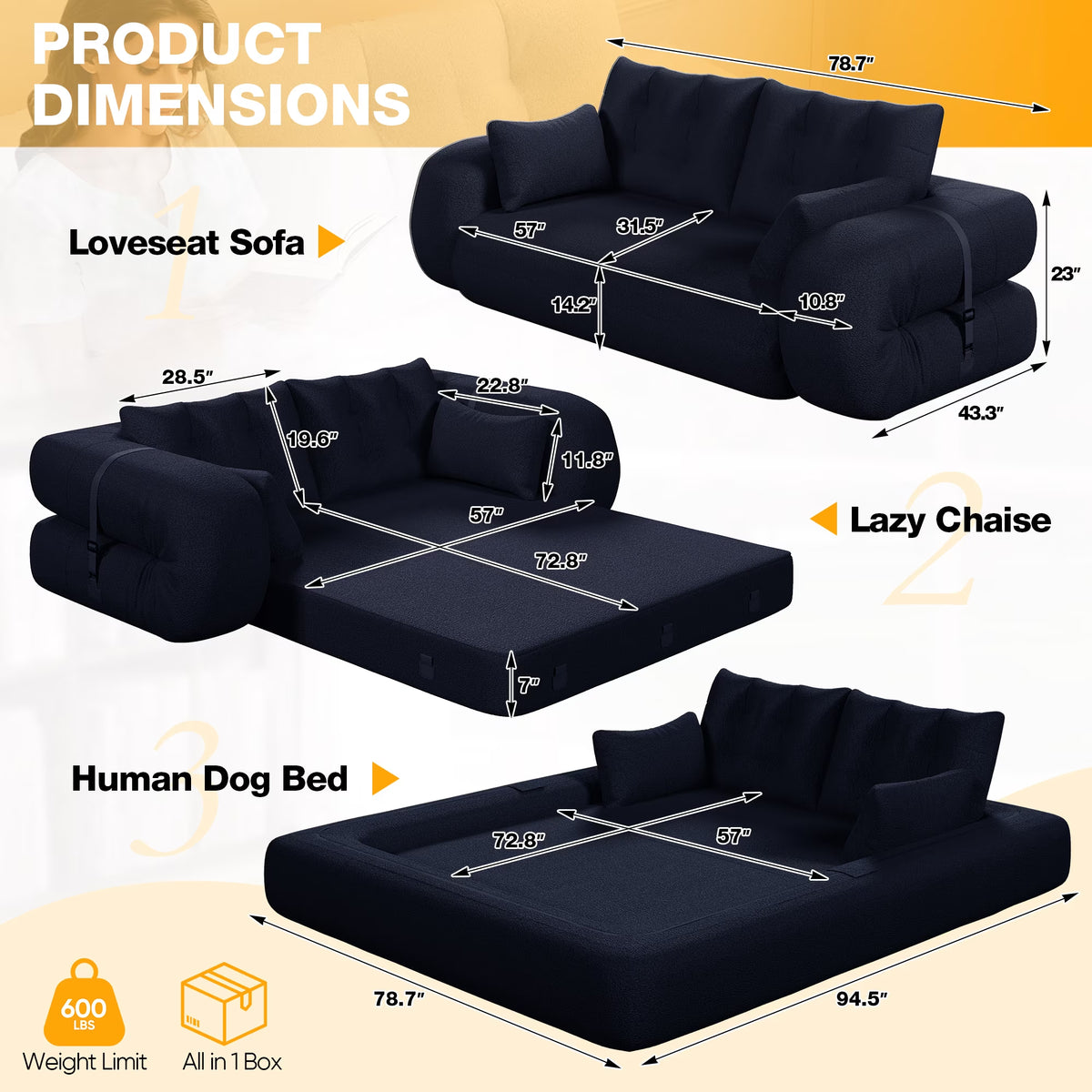 78.7" Folding Sofa Bed, Teddy Mattress Sofa, Floor Sofa Bed, Human Dog Bed, 3 in 1 Convertible Lazy Sleeper Sofa Couch, Blue