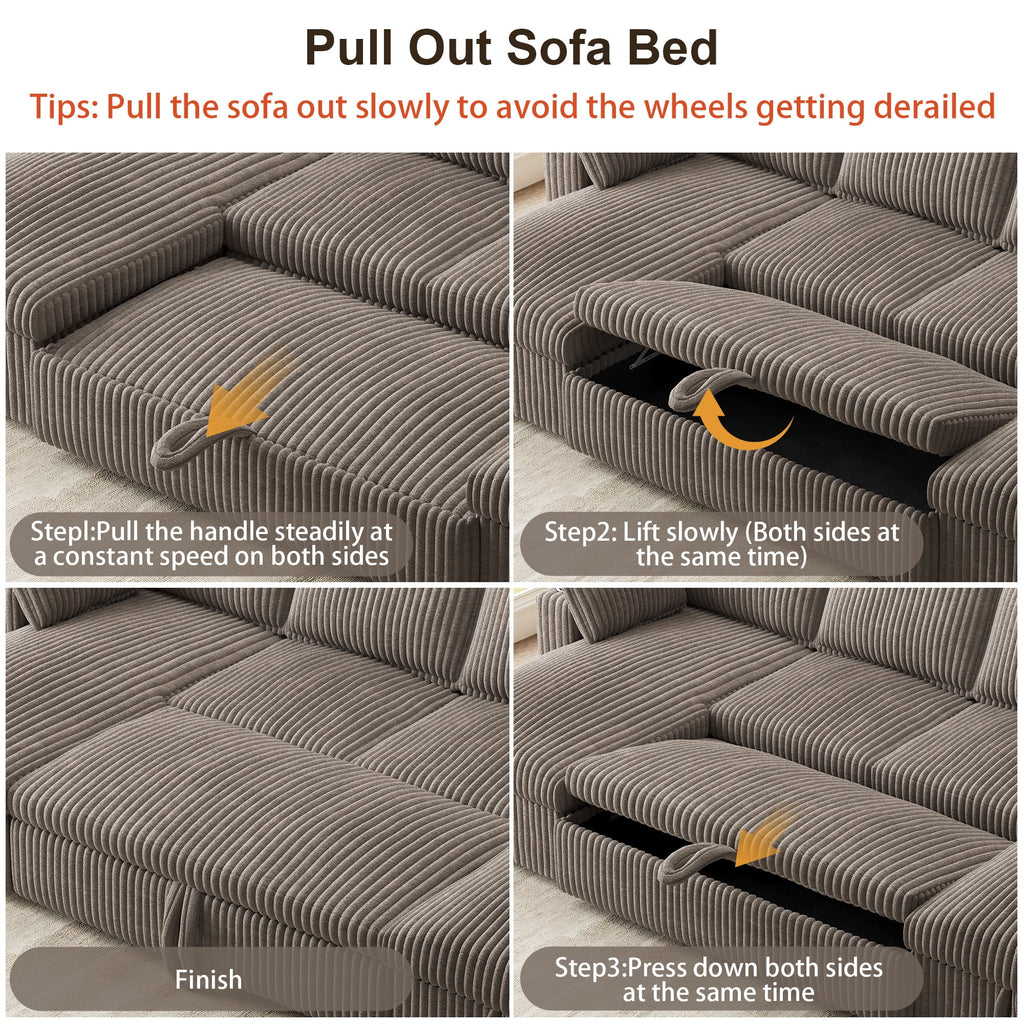 Modular Sectional Sofa,Modern Chenille U-Shaped Sofa Couch with Pull Out Bed,Storage Seat,Usb, Cup Holder,Side Pocket,Cloud Couch Bed for Living Room, Apartment,Brown