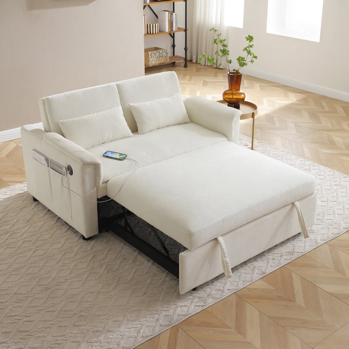 Modern Sofas 55" Velvet Two Seater Pull Out Sofa Bed, Adjustable Backrest with USB Ports, Two Side Pockets, 3 in 1 Convertible Sleeper Sofa Bed, Modern Love Seat Lounge,2 Waist Pillows for Living Roo